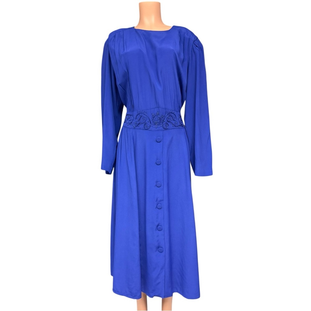Vintage Royal Blue 80s Midi Dress Beaded Waist Long Sleeve 14W, KSL Formal Dress